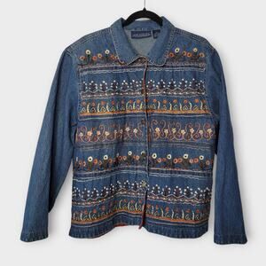 Jane Ashley Vintage 90s Embroidered Lightweight Fall Denim Jacket Women Sz Large